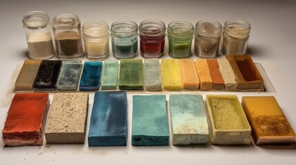 Poster - colorful hydrogel and clay mixtures revealing material science diversity on white background with in