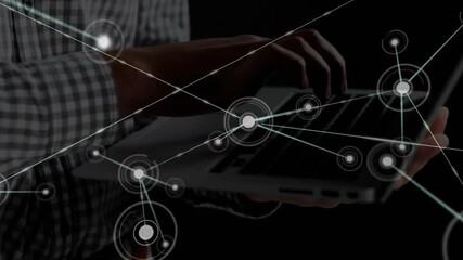 Poster - Technology user typing laptop initiating interface and growing network nodes mapping connectivity