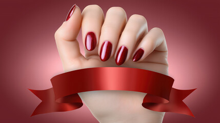 Poster - Elegant red manicure showcased with a decorative banner on a smooth background