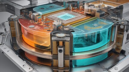 Poster - Complex layered design and intricate integrations of inner components of a micronuclear reactor are displayed in cross section on an assembly table, slowly rotating to reveal its inner workings