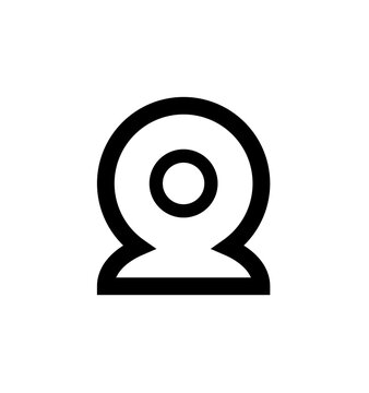 Simple black and white icon of a webcam, featuring a circular lens and base.
