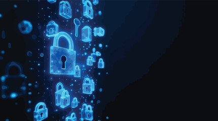 Poster - Digital security and data protection illustration showing glowing padlocks and keys on dark background.