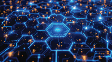 Poster - Futuristic abstract digital circuitry illustration featuring honeycomb patterns and glowing bees.