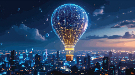 Poster - Futuristic cityscape with data circuitry hot air balloon floating above skyscrapers.
