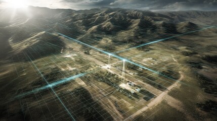 Poster - Aerial perspective revealing laser sintering machines with sun tracking heliostats precisely layering adobe particles for sturdy structures in remote mountainous terrain