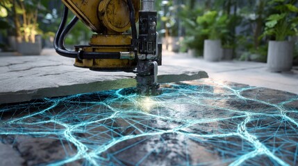 Poster - Innovative park design involves a robotic arm carefully placing a flagstone piece, with photoluminescent fibers interwoven into the seams, creating a mesmerizing glow