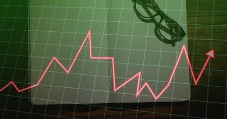 Poster - Red line graph appearing on notebook grid, extending, peaking, retracting to visualize data trend
