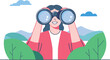 © Stock House  - Happy woman holding huge tourists binocular and looking far ahead. Vector illustration for observation, discovery, future concept