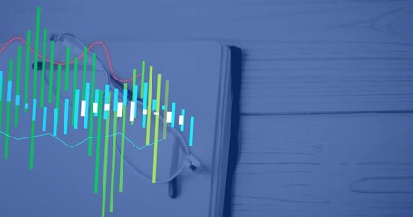 Poster - When bars appearing, notebook eyeglasses static as data bars growing shifting lines showing trends