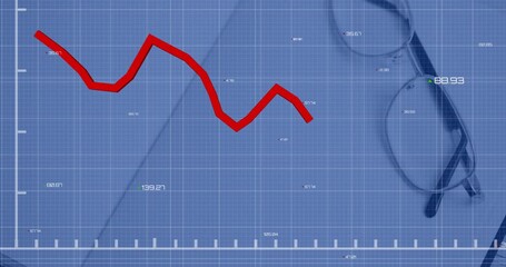 Poster - On receiving live data red line chart on grid extending dipping rising plunging illustrating trends