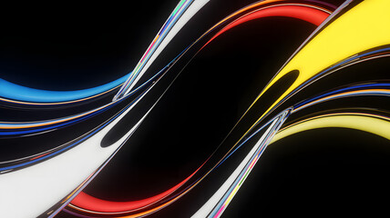 Poster - Dynamic Interplay of Colors and Curves Abstract Rendering with Flowing Blue White Red and Yellow Tubes Against a Striking Black Backdrop Captivating and Modern Art