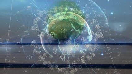 Poster - Upon loading wireframe globe rotating over gradient bars, data nodes orbiting, visualizing network