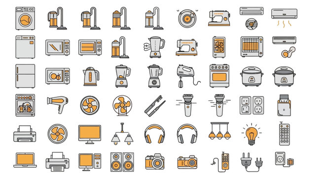 Collection of outlined household appliances and electronics icons, including washing machine, vacuum, microwave, refrigerator, and more, with yellow accents.