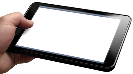 Poster - Hand holds a black tablet displaying a blank screen in a neutral setting indoors