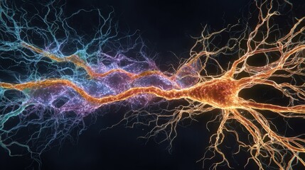 Poster - Digital illustration of synaptic connections in the striatum deteriorating with glowing neural pathways breaking apart in vibrant colors.