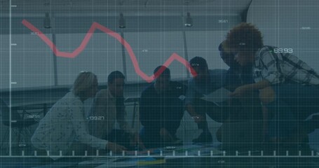 Poster - Team crouching over floor charts using tablet responding to fluctuating red trend line adjustments
