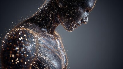 Wall Mural - Side profile of a human figure with skin sparkling from microscopic toxin particles while soft gray shadows form organ shapes inside depicting the hidden effects of uremic syndrome.