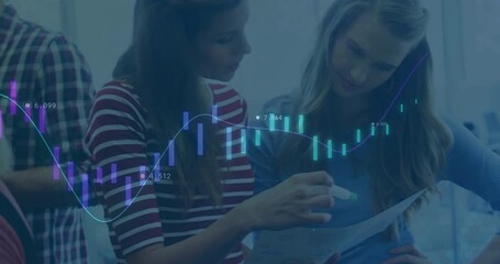 Poster - Women marking charts and generating translucent business overlay as team analyzing peaks on tablet