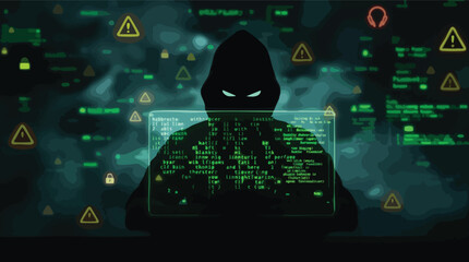 Poster - A hooded hacker with glowing eyes is working on a digital computer system with warnings.