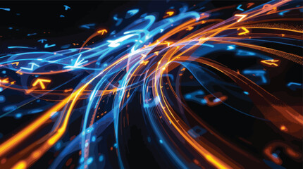 Poster - Abstract data stream of orange and blue arrows flowing across a dark background.