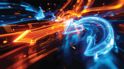 Poster - Abstract digital arrows moving in opposite directions representing technological concepts.
