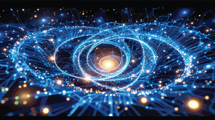 Poster - Abstract digital space illustration featuring luminous spirals of data and connection.