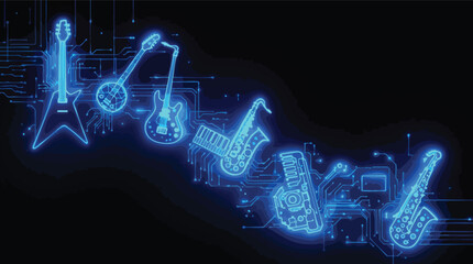 Poster - Abstract neon art featuring musical instruments and circuitry on a black background.