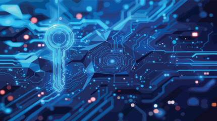 Poster - Cybersecurity concept with glowing key and circuit board design in shades of blue and cyan.