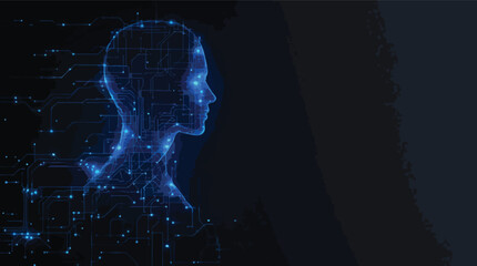Poster - Digital artificial intelligence concept with glowing circuit board outline of a human head.