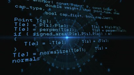 Poster - After loading, glowing HUD rotating, pulsing as C++ code blocks fading, appearing to show workflow