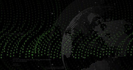 Poster - Sparse green binary digits starting wave formation, revealing rotating globe representing data flow