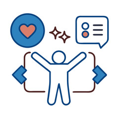 Fototapete - A person icon interacting with social media symbols, representing likes, messages, and user interface interaction. The scene embodies the digital world and how users engage