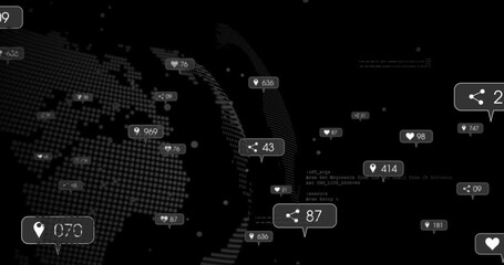 Poster - Share icon appearing triggers rotating 3D globe popping metrics and fading code showing live data