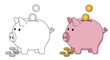 © Rama - A charming cartoon piggy bank illustration demonstrating the concept of saving money, presented in both full color and as a line art outline.