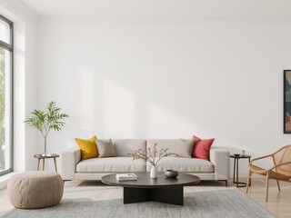Poster - Elegant and Bright, A Modern Living Room Interior with Clean White Walls and Contemporary Furniture, bathed in Natural Light