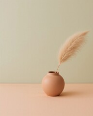 Poster - Elegant composition of a smooth vase holding a delicate reed on a pastel colored surface evoking subtle serenity