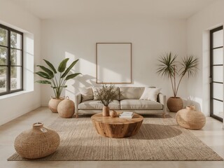 Poster - Elegant neutral toned living room showcasing a comfortable sofa wooden coffee table plants and natural light creating a serene atmosphere