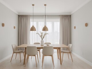 Poster - Elegant Scandinavian Dining Area with Minimalist Pendant Lights and Neutral Palette for a Serene and Modern Atmosphere