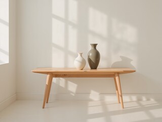 Poster - Elegant Scandinavian console table with minimalist vases and window light creating a serene interior scene