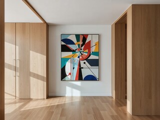 Poster - Modern Hallway with Sleek Wood Accents and Abstract Art for a Contemporary Living Space Design, Emphasizing Clean Lines and Natural Light