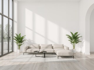 Poster - Serene Modern Open Plan Lounge with Spacious Area Bathed in Sunlight and Enhanced by Indoor Palm Trees