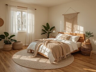 Poster - Serene Morning Light Illuminating a Cozy Bedroom with Natural Wooden Accents and Soft Textiles Creating a Warm and Inviting Atmosphere