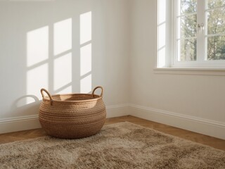 Poster - Sunlit minimalist home interior featuring a woven basket and light rug evoking calm and modern aesthetics
