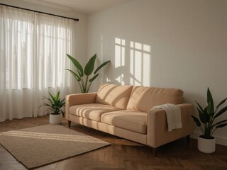 Poster - Sunlit Open Living Room Interior with Plush Sofa and Green Plants creating a Calming and Inviting Atmosphere for Relaxation