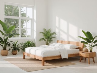 Poster - Tranquil Minimalist Bedroom with Abundant Natural Light and Lush Indoor Plants Creating a Relaxing Oasis