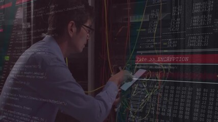 Poster - IT technician crouching at server rack, tapping tablet and encrypting data with code overlay