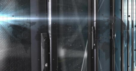 Poster - Glowing scan light sweeping map-dot grid, revealing dust, rods flaring, forging luminous network