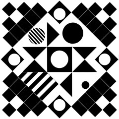 Fototapete - Vector Black Bold monochrome grid pattern blending squares, circles, and trapezoids with dynamic rotation, great for editorial layouts and trendy wallpapers (2)