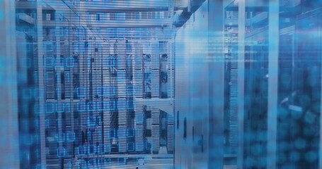 Poster - On startup camera gliding through racks blinking LEDs pulsing code overlay visualizing data flow
