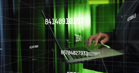 Poster - IT pro typing laptop keyboard and generating numeric code processing data within green grid